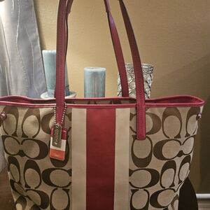 COACH Signature Canvas Tote Bag - Brown and Pink